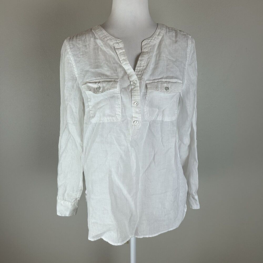 Talbots S White Linen Top Blouse Popover Shirt Long Sleeve Minimalist Coastal